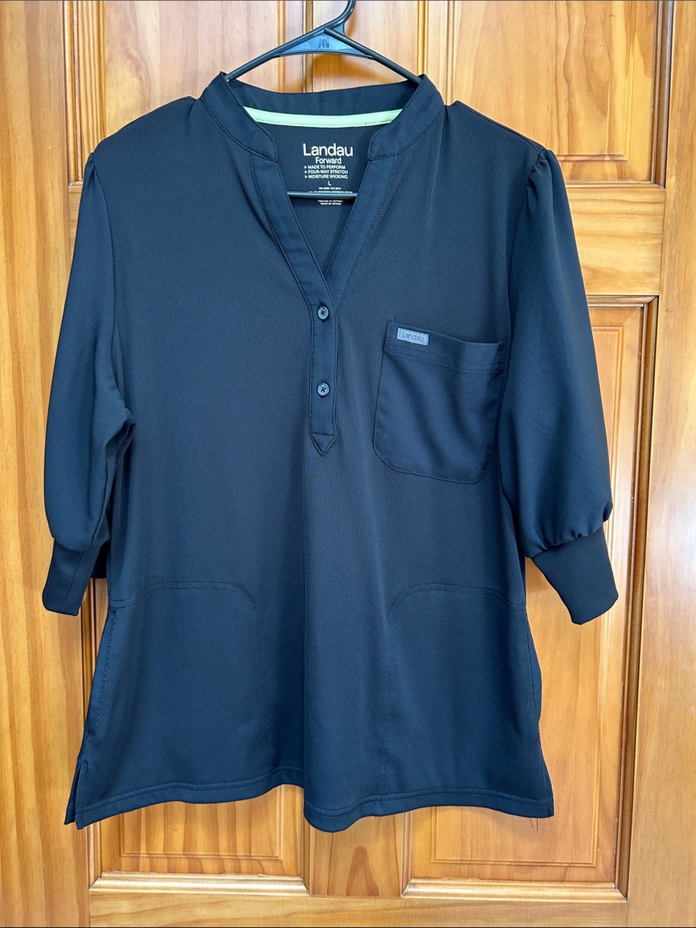 Landau Black Three-Quarter Sleeve Tunic Scrub Top